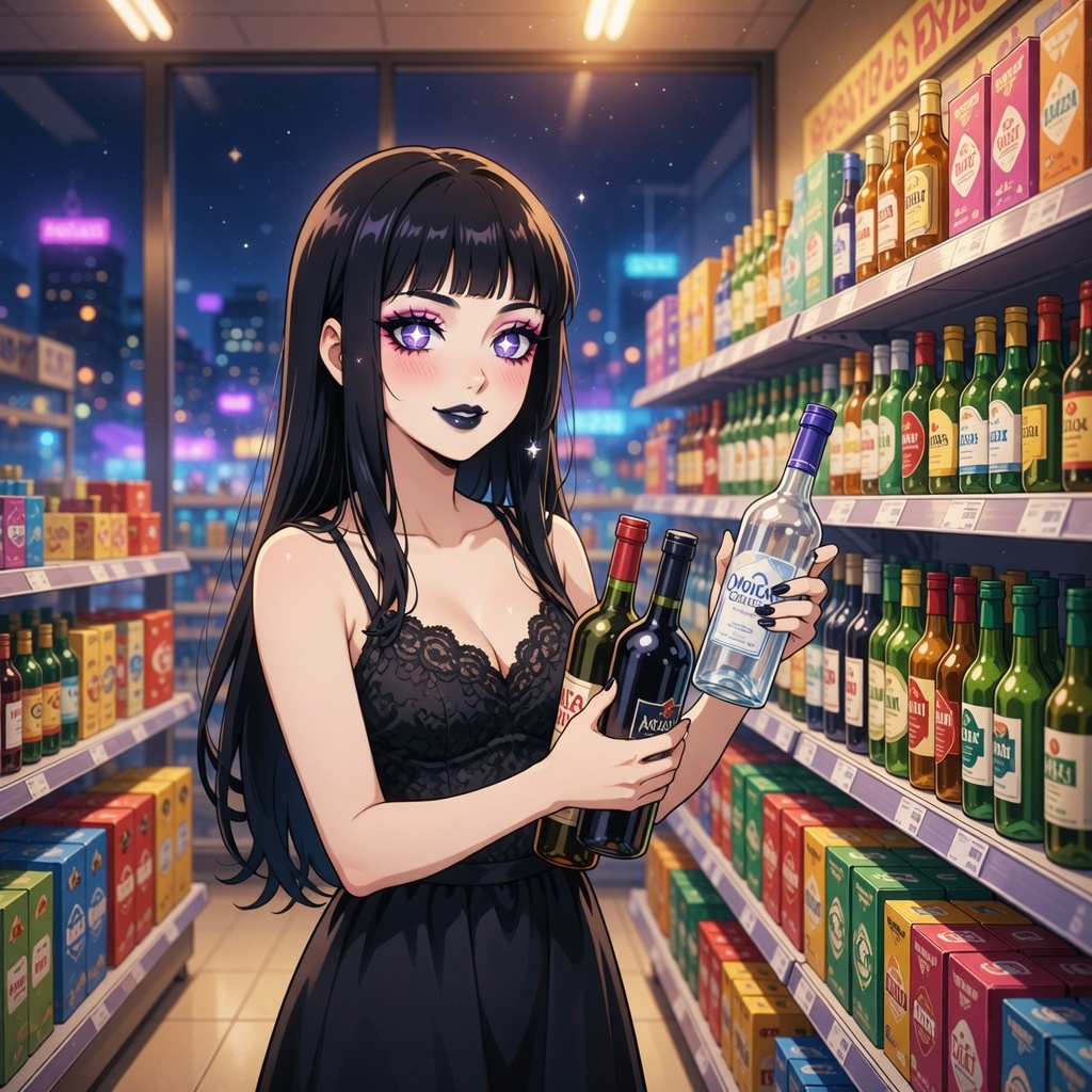 Anime style: goth makeup, black sundress, young woman with sparkling eyes and soft smile, shopping in bright package store, holding alcohol bottles, gentle hand touch, warm lighting, aisles and shelve