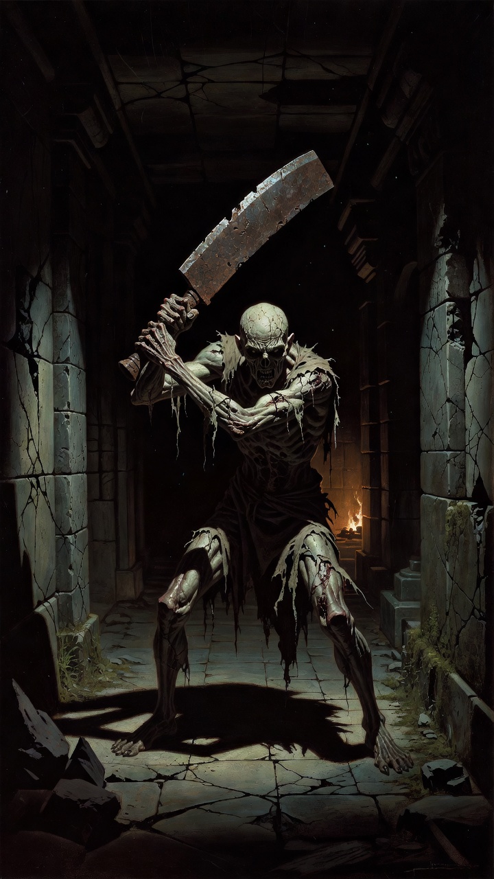Style: 1980's Dark fantasy painting. Character: withered zombie hunched and dressed in rags holding a two-handed rusty and damaged cleaver. Pose: full body facing forward about to attack.
Style: 1980'