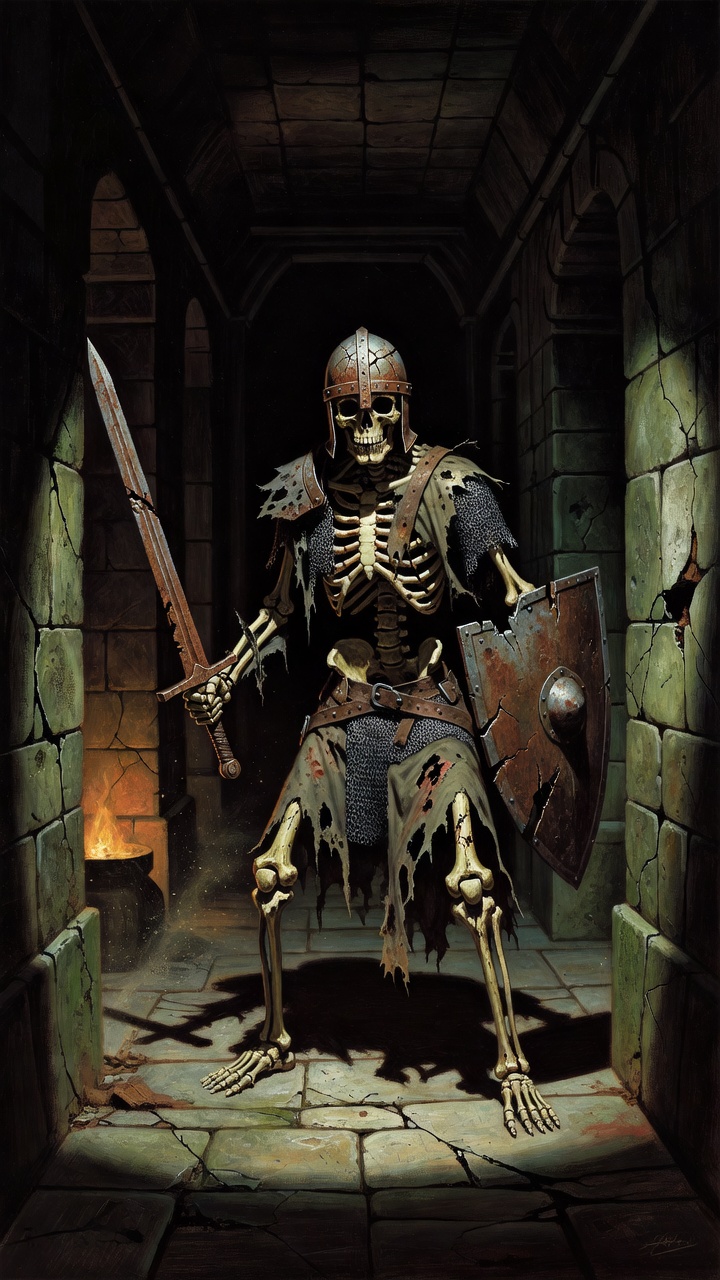 Style: 1980's Dark fantasy painting. Character: a Skeleton in damaged ragged medieval soldier outfit with rusty damaged sword and broken shield, rusted cracked open faced helmet. Pose: full body facin