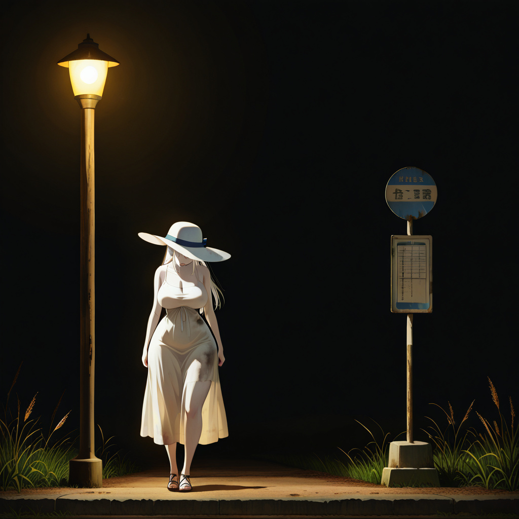 anime style, horror, 2 meter tall woman, thin tattered dirty white sundress, white sun hat, turned to the side, head down, full heavy breasts, wide hips, pale white skin, standing under a lamp post, r