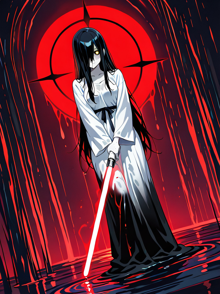 anime style, sadako_(the_ring) as a sith lord, long dripping wet black hair covering face, head tilted, standing at odd angle, pale skin, dark sith robes over tattered white dress, holding red glowing