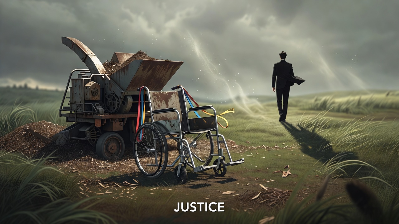 anime style, empty wheelchair with three exercise bands hanging from the handle next to a wood chipper in a field, man in suit walking away in the background, justice text caption at bottom, 1boy, fro