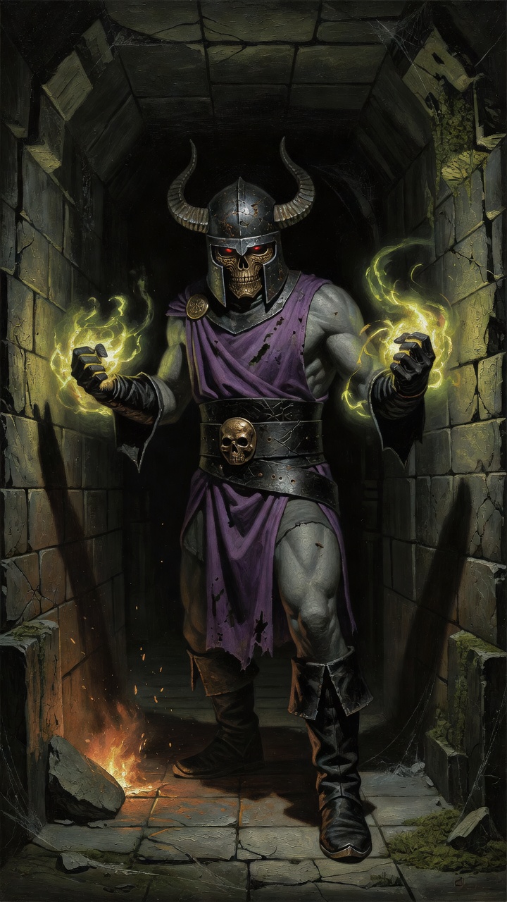 
Style: 1980's Dark fantasy painting. Very dark and gloomy. Figure lit only by warm light from front and slightly below

Character: muscular grey skinned figure with black boots and flared black glove