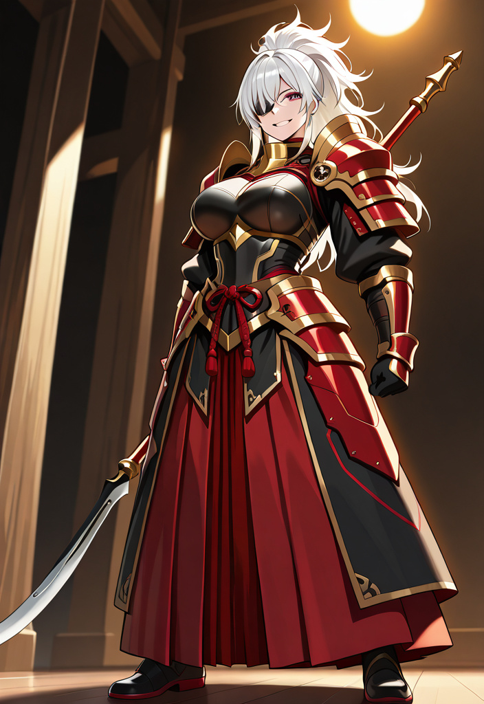 anime style, tall woman, white hair, messy ponytail, purple eyes, black eyepatch, layered red samurai armor with gold trim, red hakama, standing with a naginata across her shoulders, 1girl, full body,
