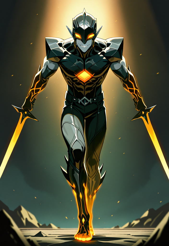 anime style, Man, elf, gray skin, black hair, smooth black helmet with smooth faceplate, eyes covered, pointy ears, black leather clothing, Orange glowing tubes running up his arms and legs, Smirking 