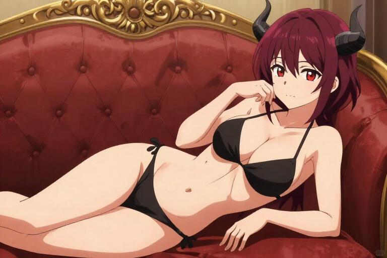 anime illustration, ziz_(nikke), solo, large breasts, red eyes, short hair, short side ponytail, side shot, black bikini, short hair, single horn, womb tattoo, rgb(150, 100, 119) hair: short curved bl