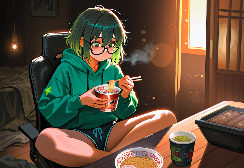 a woman sitting cross legged on a gamer chair eating cup ramen with chopsticks, wearing a hoodie and short shorts, slumped posture, messy green hair, thick glasses, eyebags, tired expression, digital 