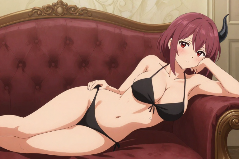 anime illustration, solo, large breasts, red eyes, short hair, short side ponytail, side shot, short hair, single horn, blush, micro bikini;  bob hair cut with hair color is muted mauve, short small c