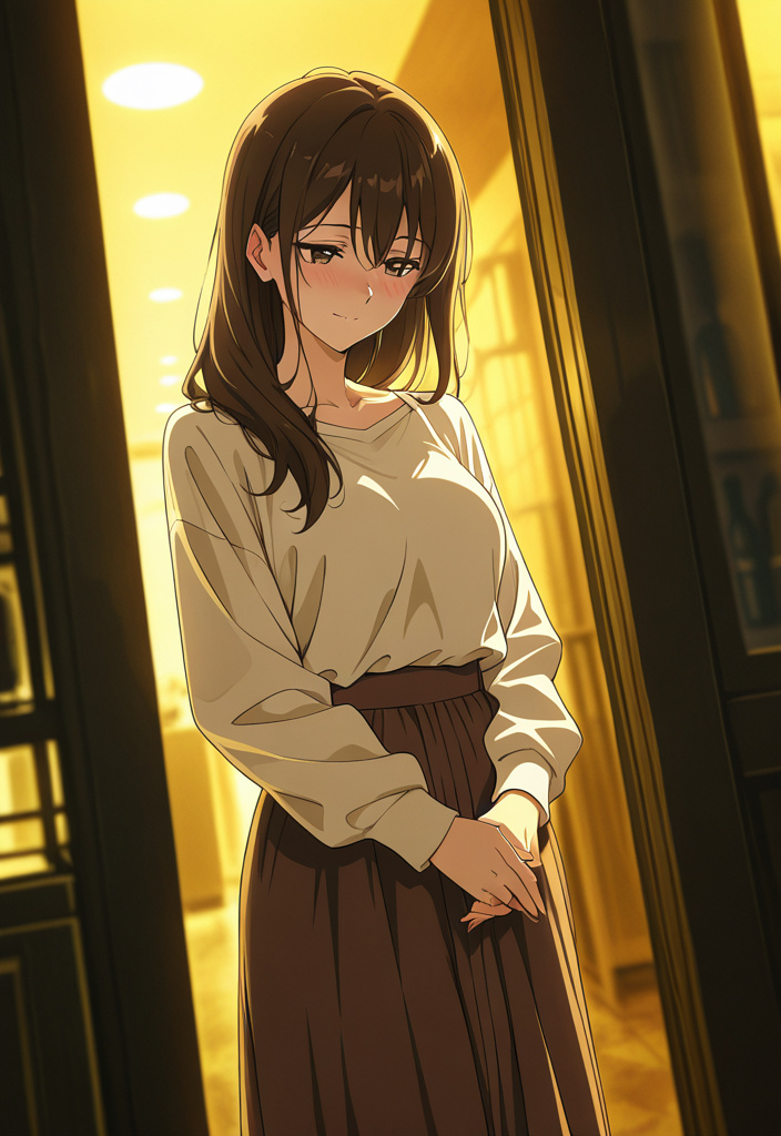 anime style, woman with long dark brown hair, long sleeve shirt, long loose skirt, soft smile, blushing, waiting in front of a lingerie shop, hard lighting, hands together, rim lighting, depth of fiel