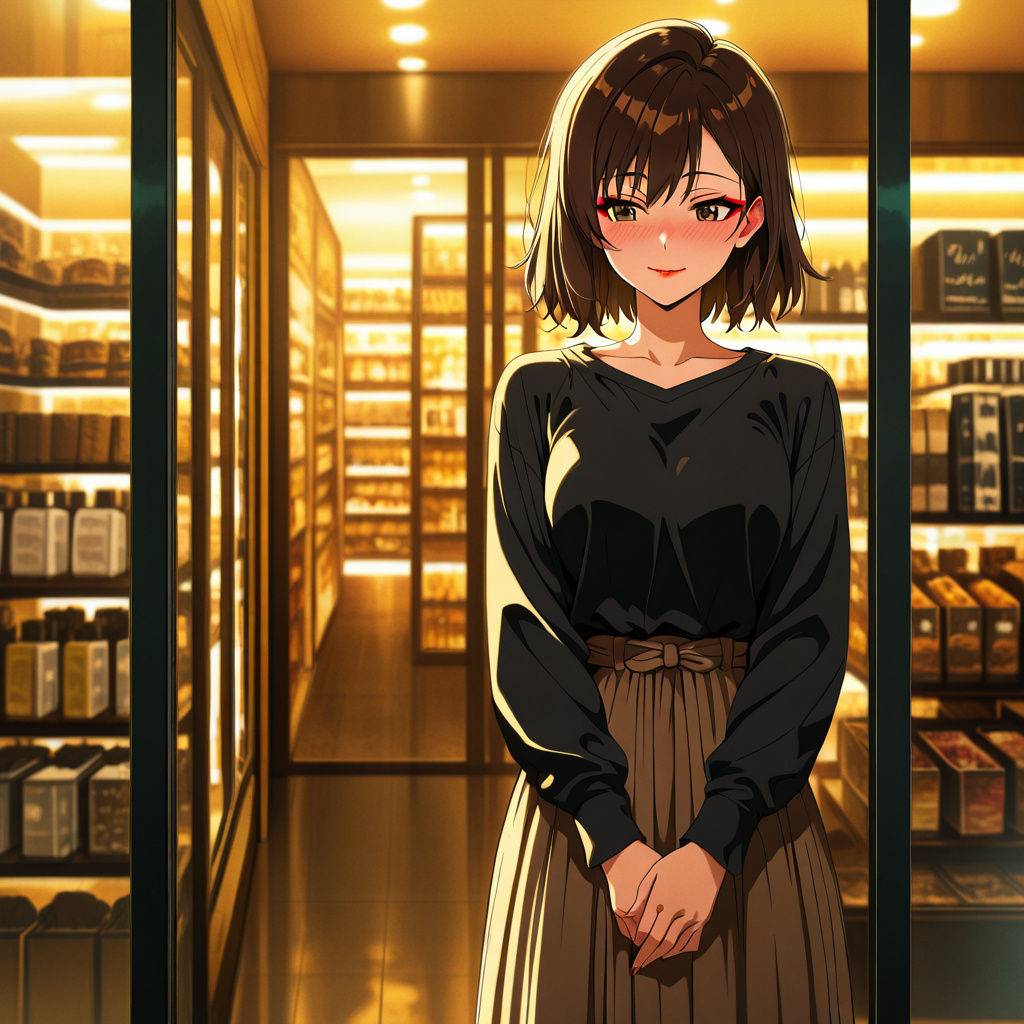 anime style, woman with long dark brown hair, long sleeve shirt, long loose skirt, eager expression, soft smile, blushing, red lipstick, eyeliner, waiting in outside of a clothing shop, hard lighting,