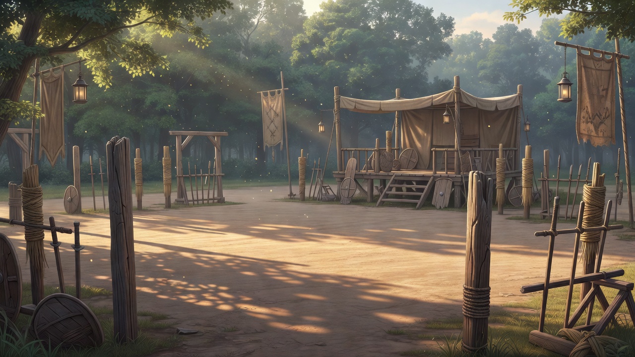 anime style, large medieval training ground, forest to one side with shade trees, modest viewing deck, sparring circle, wood and cloth construction, dirt floor clear of grass, weathered wooden posts, 