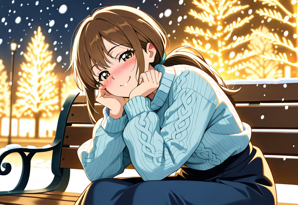 anime style, woman with long straight brown hair, hair in low ponytail, light blue cable knit sweater, long skirt, playful expression, smug smile, head tilted, leaning forward, blushing, sitting on a 