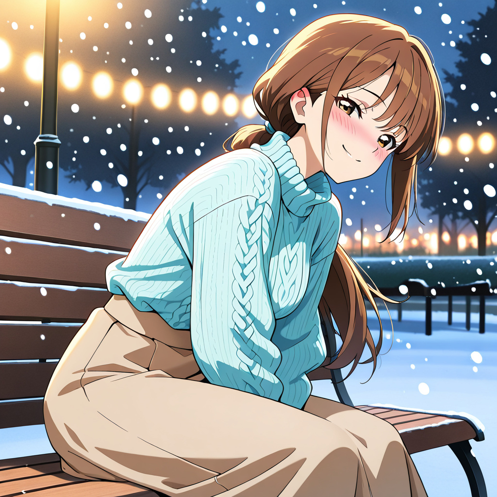 anime style, woman with long straight brown hair, hair in low ponytail, light blue cable knit sweater, long skirt, playful expression, smug smile, head tilted, leaning forward, blushing, sitting on a 