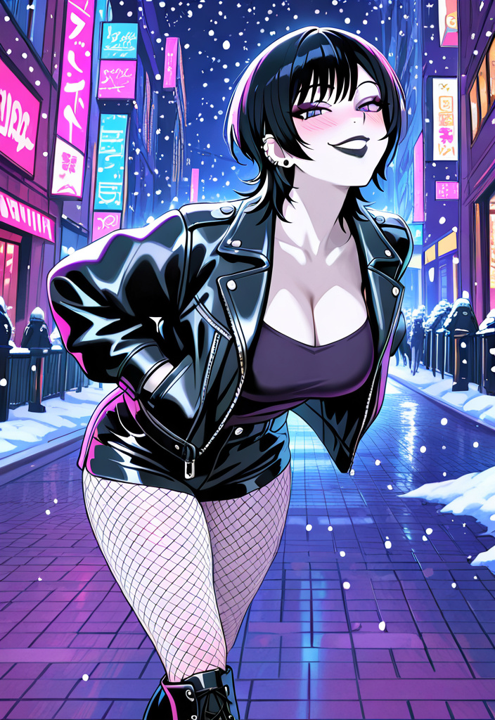 anime style, short goth woman with short black wolf cut, Black leather jacket with fur lining, black cutoff jean short shorts, Fishnet pantyhose, platform boots, playful expression, smug smile, head t