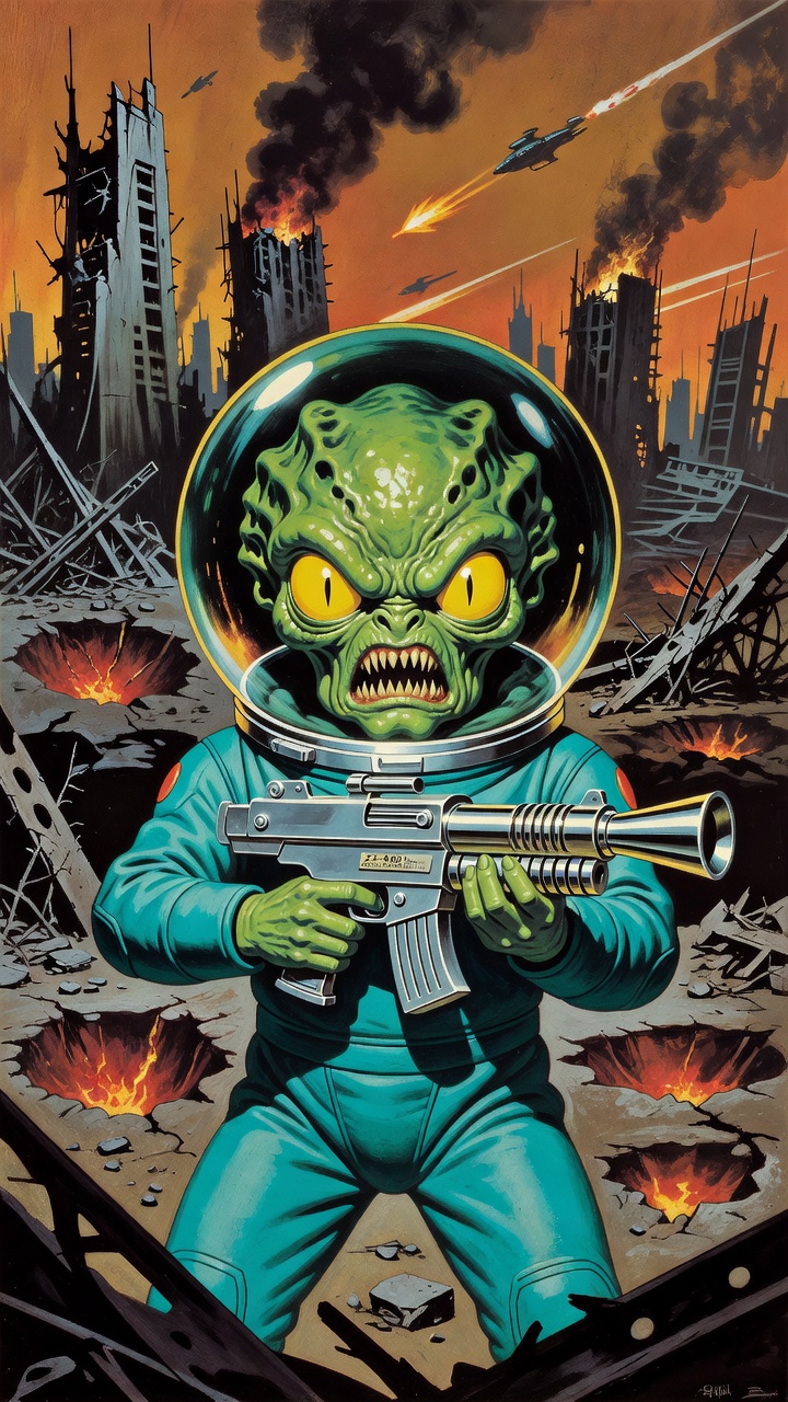 Style: 1950's style pulp scifi painting 

Character: short green Alien with bulbous crenelated head, large yellow eyes with vertical pupil. No nose. No ears. Snarling. Glass domed helmet attached to t