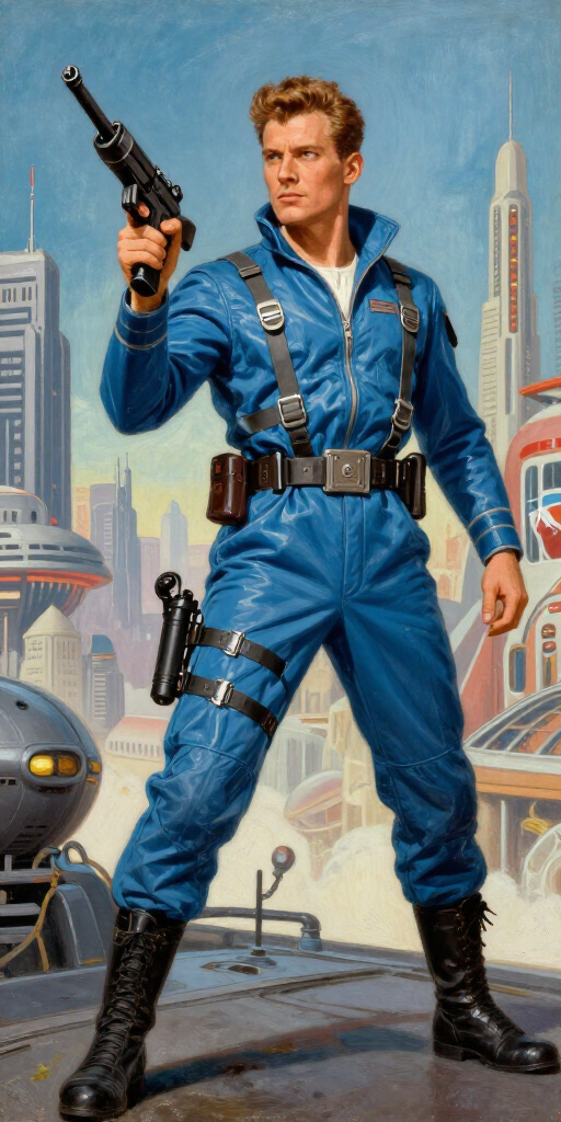 Style: 1950's style pulp scifi painting 

Character: scfi commando in blue.

Pose: full body front view. Weapon up ready to attack. 

Background: scifi cityscape.