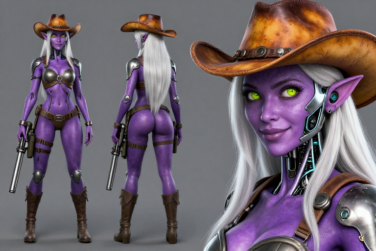 A full character reference sheet showing three views of the same character, side by side on a plain seamless mid-grey background. On the left, a full-body front view: she stands straight, facing camer
