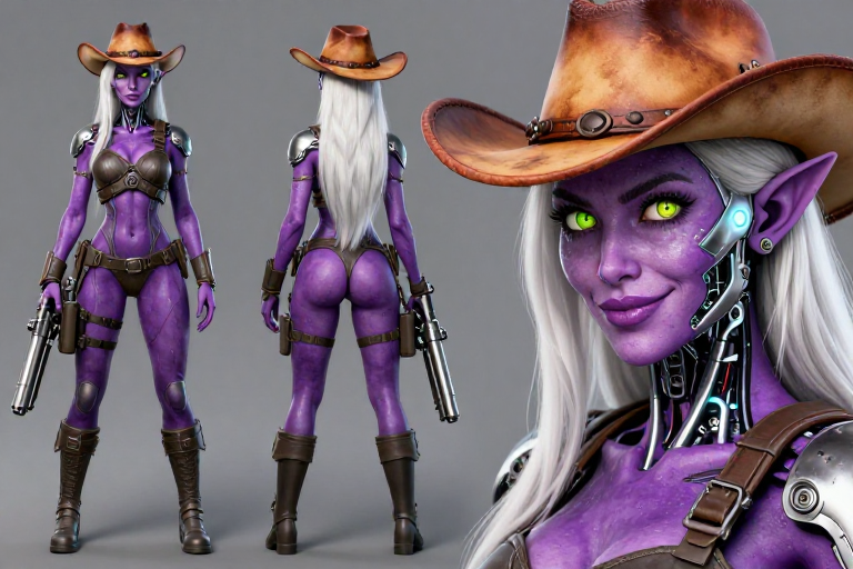 A full character reference sheet showing three views of the same character, side by side on a plain seamless mid-grey background. On the left, a full-body front view: she stands straight, facing camer