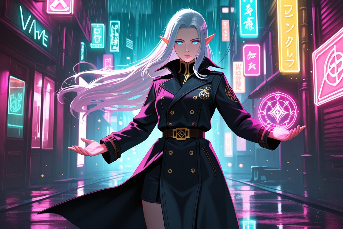 anime style, 1girl, beautiful elf woman, shadowrun, cyberpunk aesthetic, futuristic mage aesthetic, pointed ears, long silver hair, discreet trench coat, casting spell, neon-lit alley, cowboy shot, gl