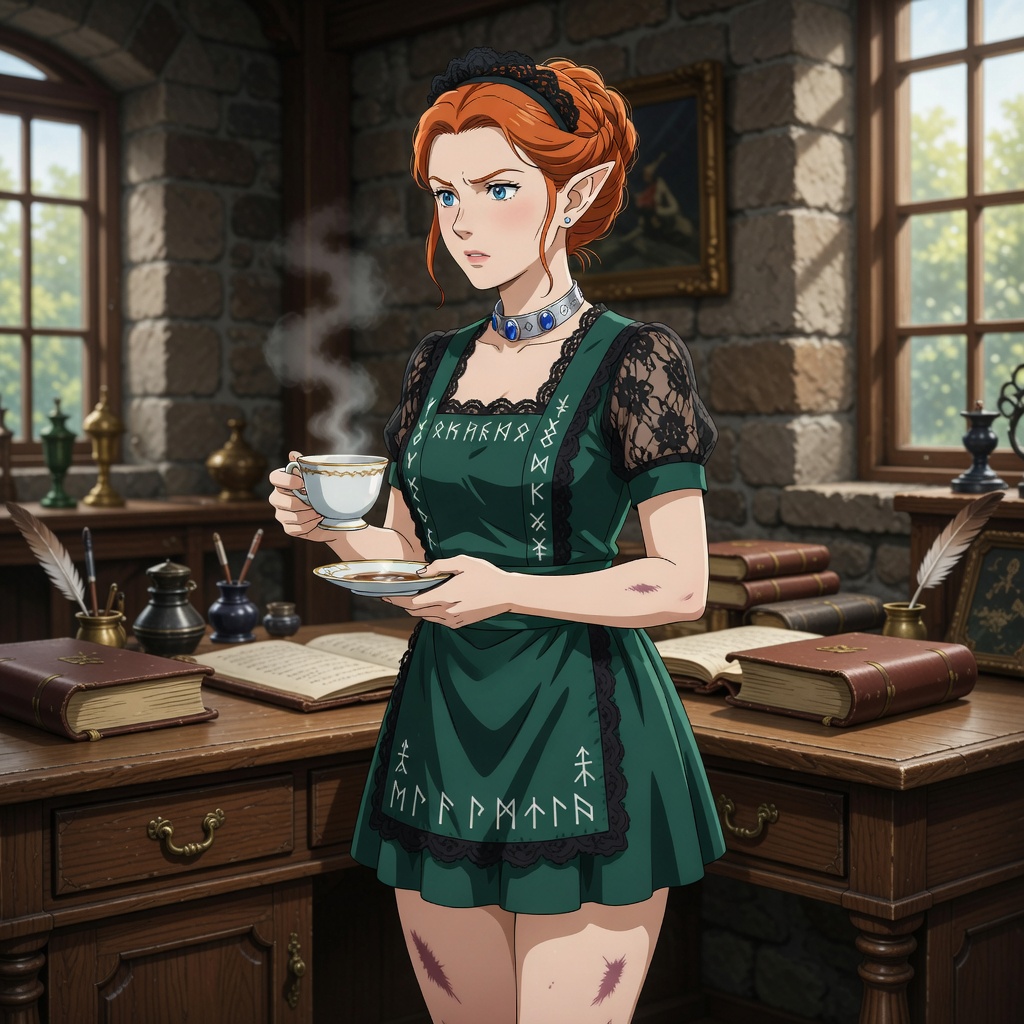 Anime style: composed maid in neat uniform serving tea in richly furnished study, bare legs visible under skirt, bruises on thighs, tense posture, defiant eyes, steam rising from teacup, wooden desk w