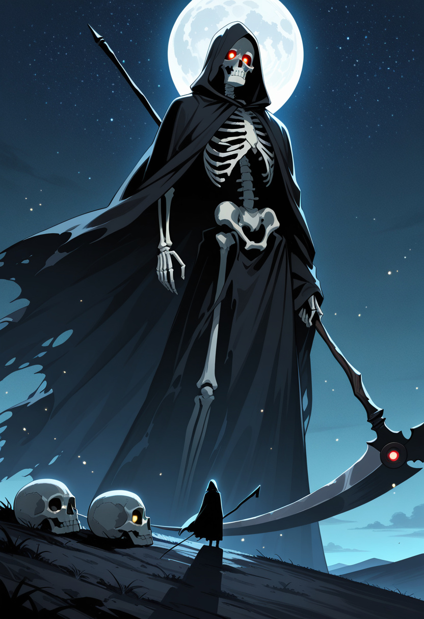 anime style, skeleton, black hooded robes, holding scythe, on a hill, full moon behind, wide shot, grim reaper, flowing cloak, glowing eyes, backlighting, rim lighting, volumetric lighting, moonlight,