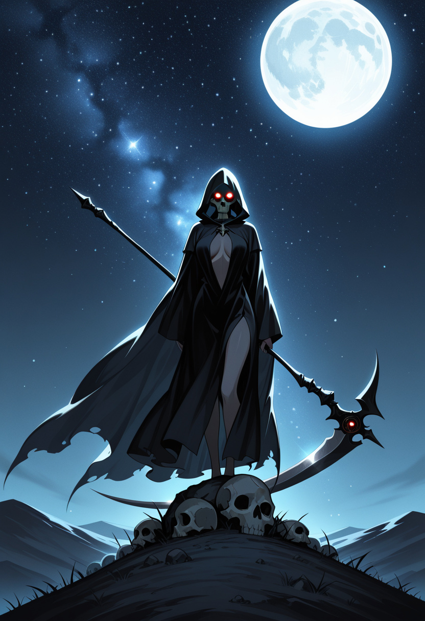 anime style, woman, naked, full breasts, black hooded robes, holding scythe, on a hill, full moon behind, wide shot, grim reaper, flowing cloak, glowing eyes, backlighting, rim lighting, volumetric li
