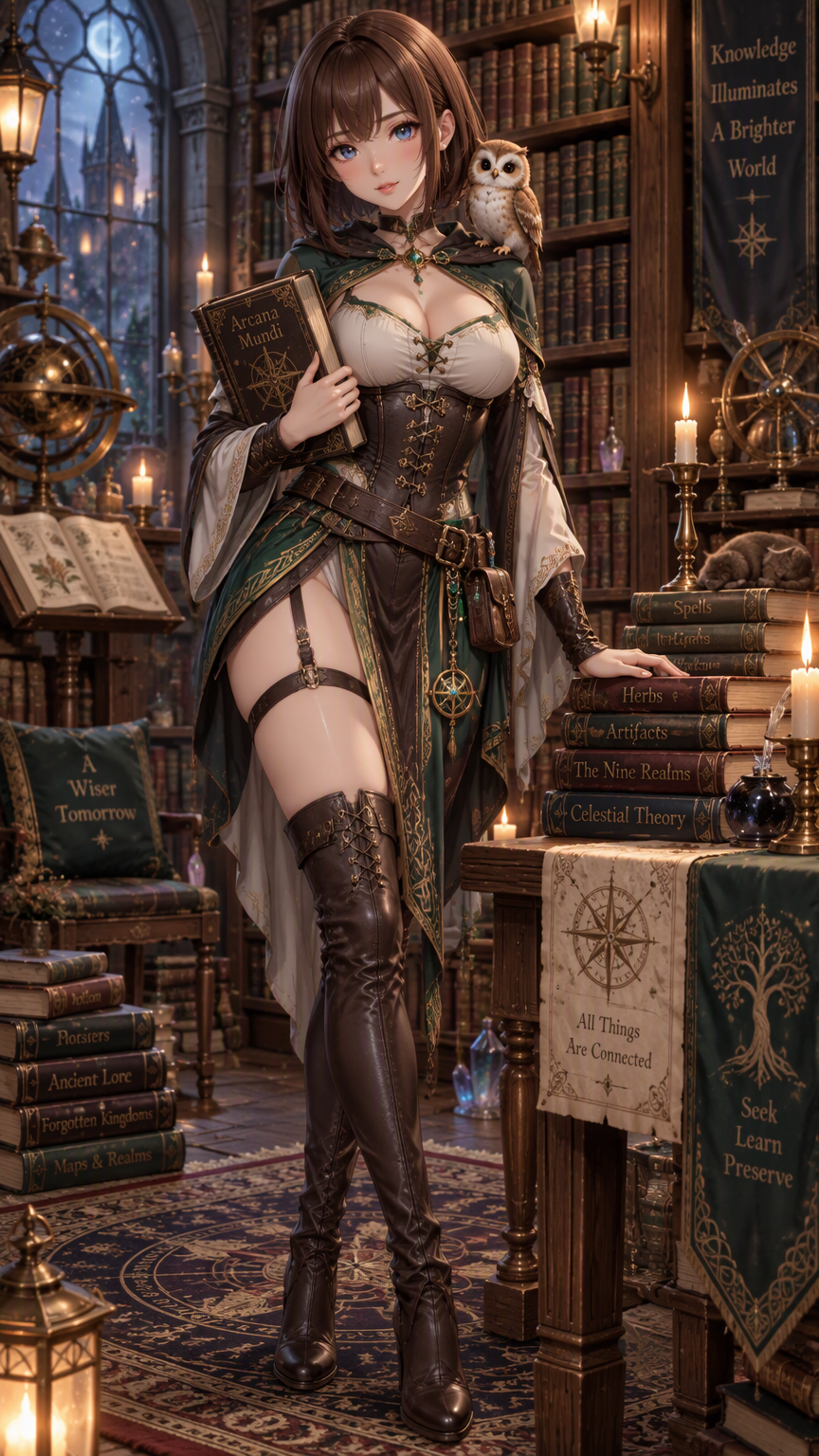 A full length striking detailed anime style image of a beautiful young brunette woman with porcelain skin, delicate features, blue eyes, and her chestnut hair styled in a shoulder length bob with bang