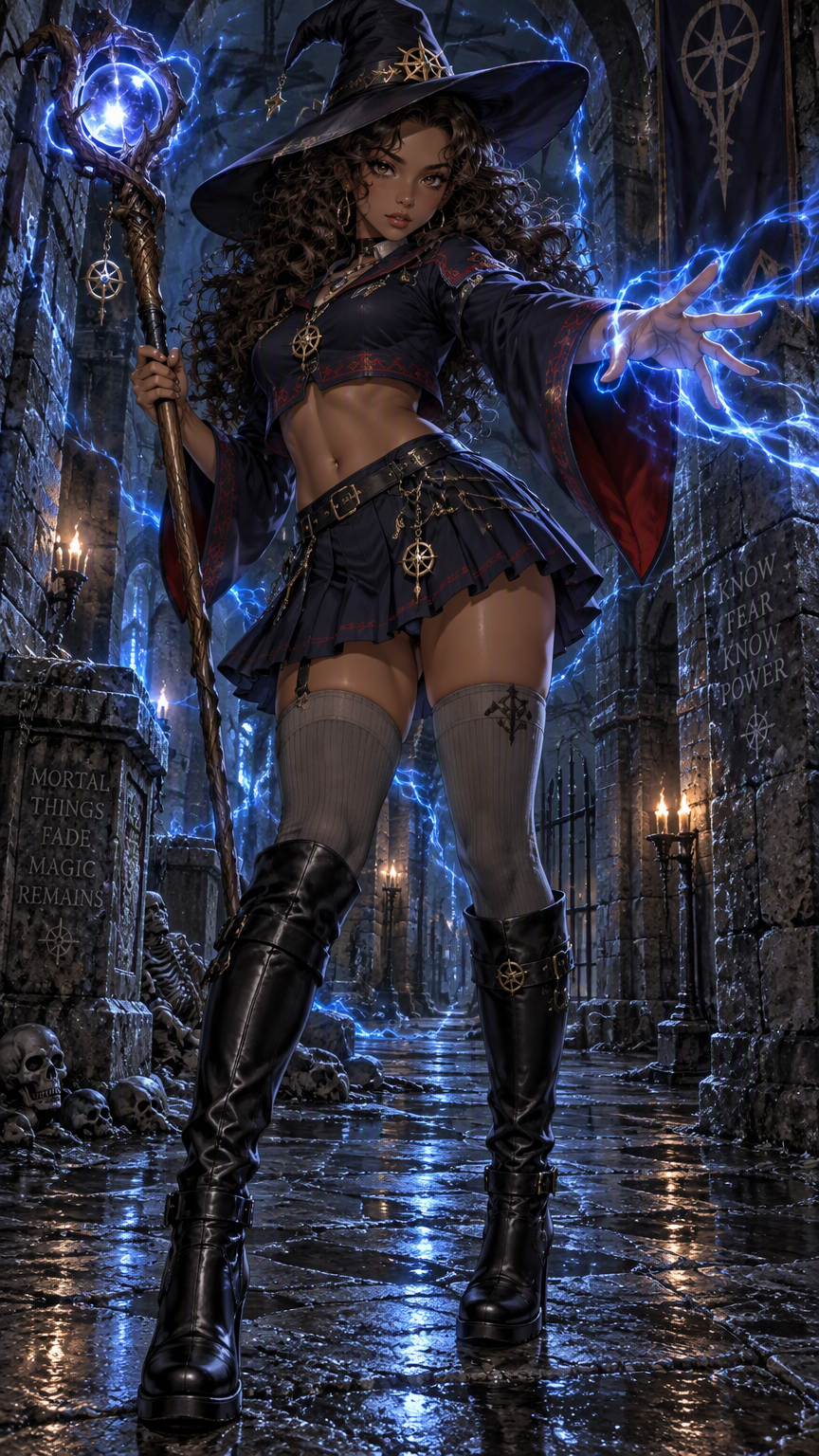 A full length striking detailed anime style image of a beautiful young black woman with caramel skin, delicate features, and long curly hair. She is wearing a long sleeved dark blue crop top with red 
