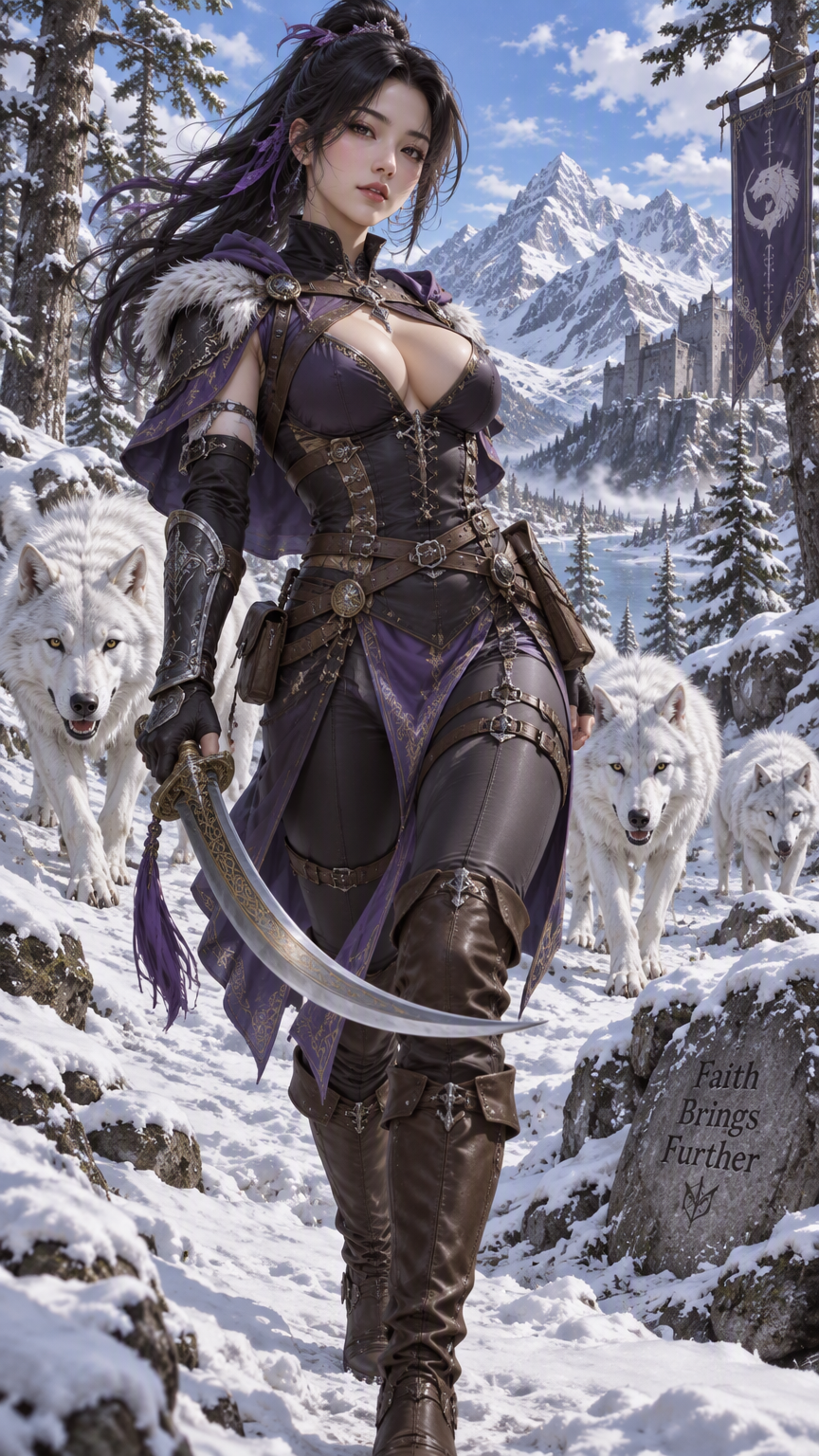 A striking detailed anime style image of a hot asian woman. She is wearing a tight medieval fantasy outfit with purple accents and brown leather boots in a beautiful fantasy snow covered forest. She i