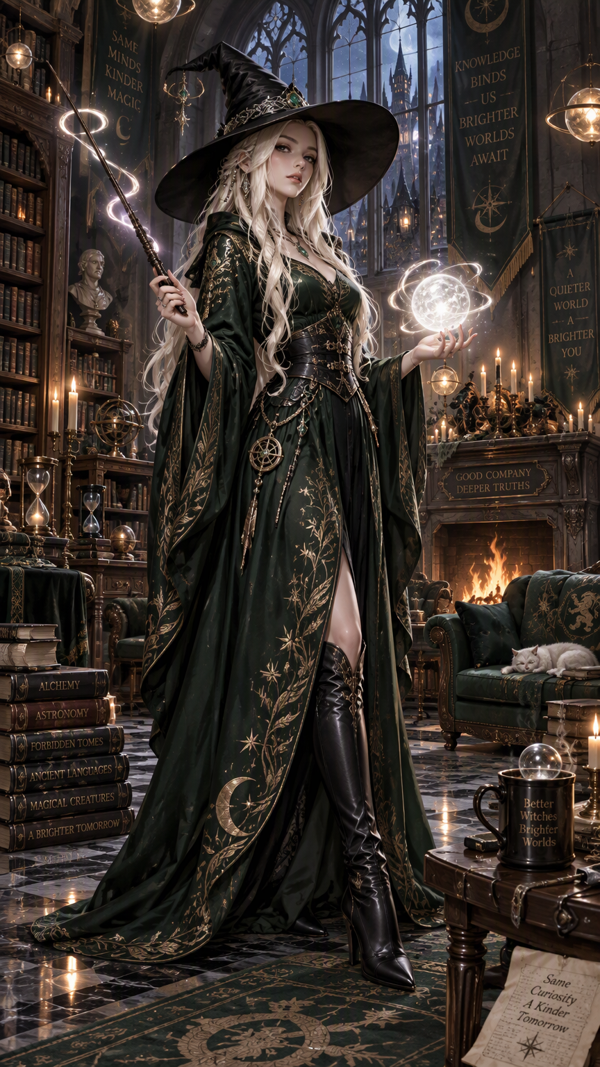 A full body striking anime style detailed illustration of a confident young beautiful blonde witch as the central figure within a grand gothic common room. She possesses long, flowing platinum blonde 