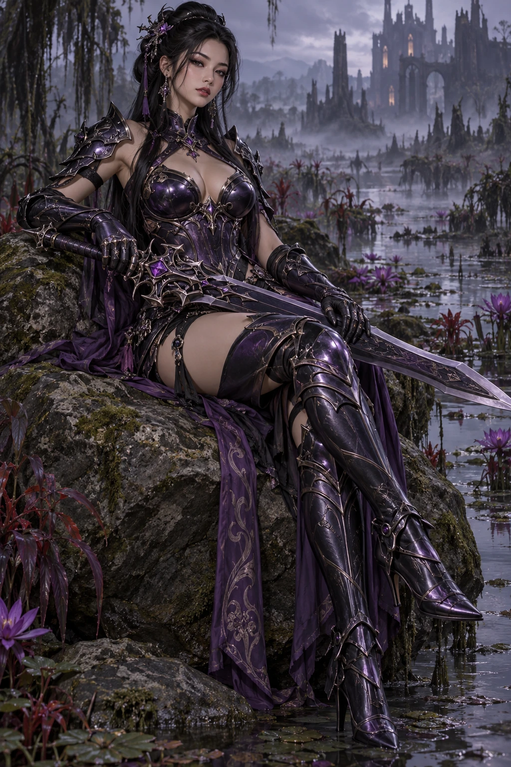A full length striking detailed anime style image of a hot asian woman in sexy dark metalic purple medieval fantasy armor with obsidian accents. She is sitting on a boulder with an ornate and imposing