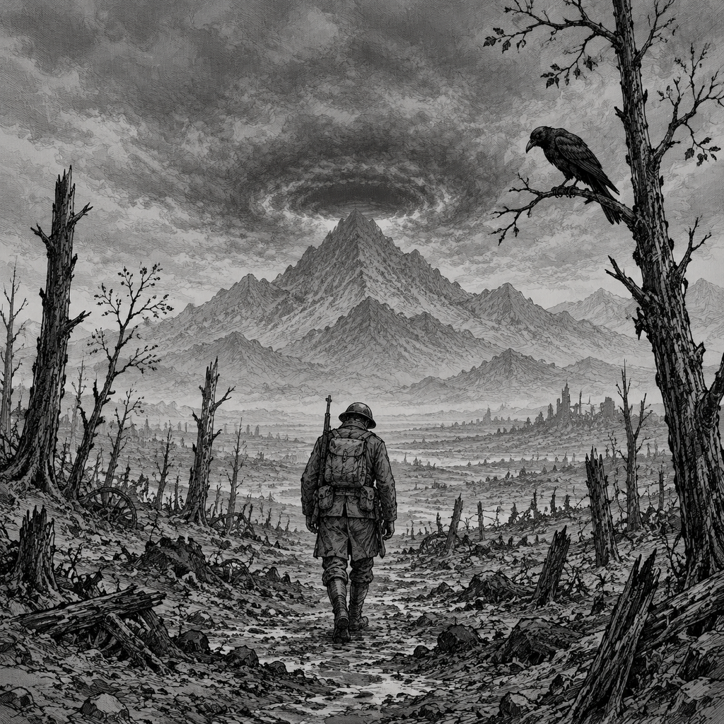 Line art, A landscape ravaged by war with sparse trees, some trees are stripped of branches and others are shattered but very few of them have leaves left, At the center of the image is a soldier look