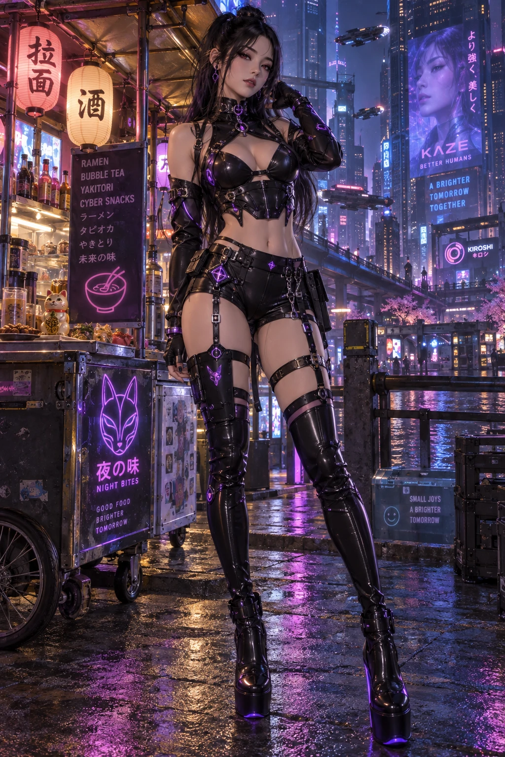 A full body striking detailed anime style image of a hot asian woman. She is wearing a tight goth cyberpunk oufit with glowing purple accents. She is standing in front of a multi colored glowing outdo