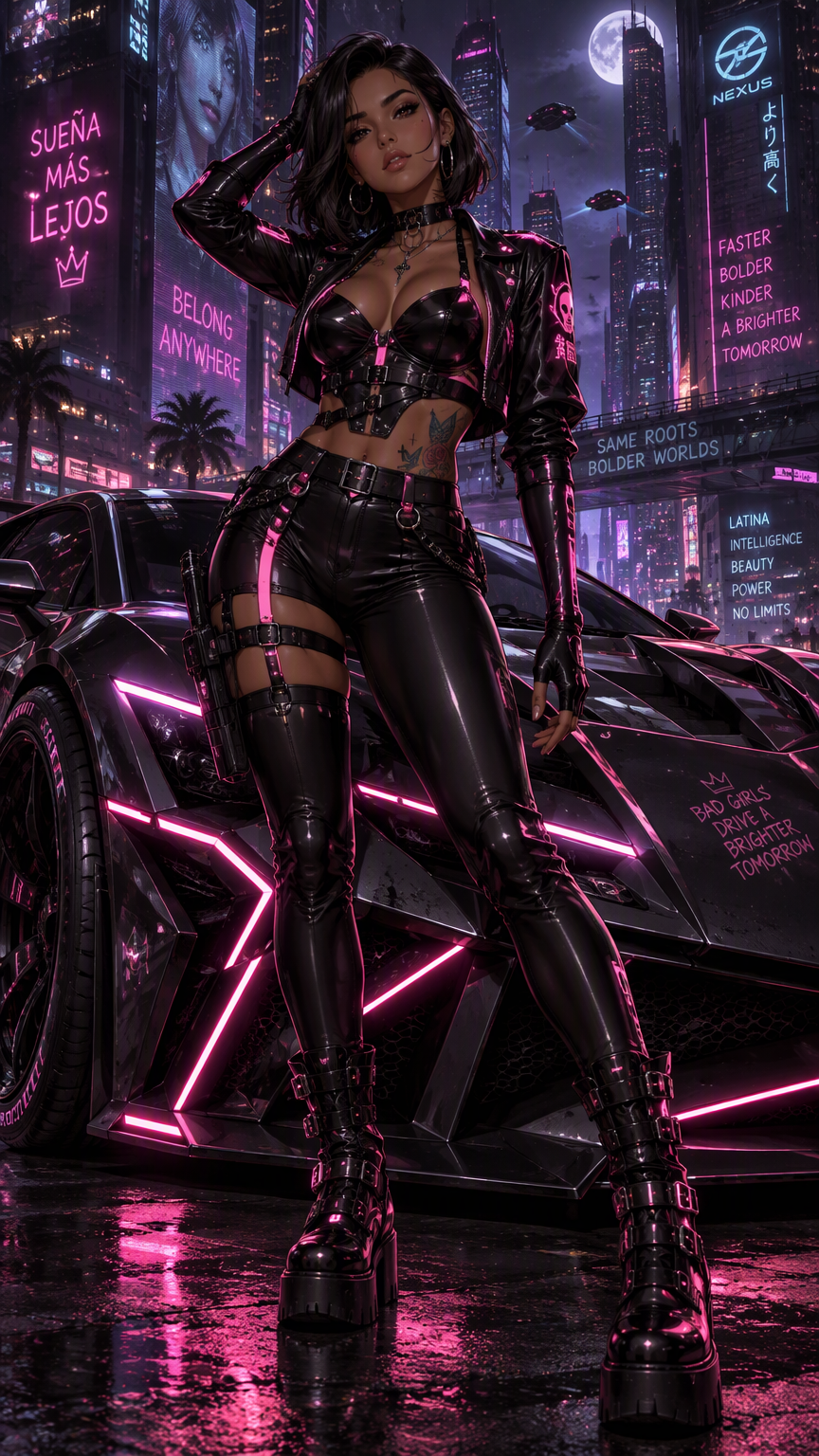 A full length striking detailed anime style image of a beautiful young latina woman with bronze skin, delicate features, and her hair styled in a shoulder length bob. She is wearing a tight goth cyber
