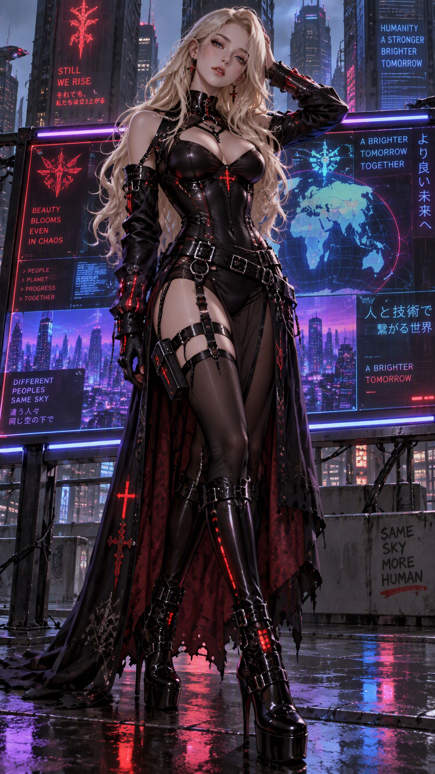 A full length striking detailed anime style image of a beautiful young blonde woman with porcelain skin, delicate features, and her long hair styled in gentle waves. She is wearing a tight goth cyberp