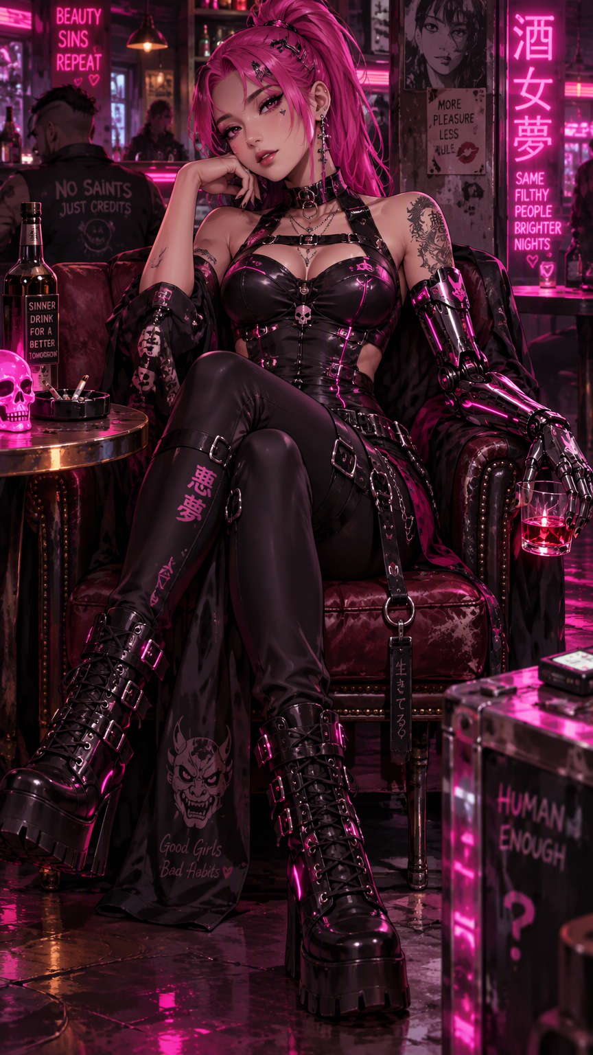 A full length striking detailed anime style image of a hot pink haired asian woman with a ponytail. She is wearing a tight goth cyberpunk outfit with glowing pink accents. One of her arms is cyberneti