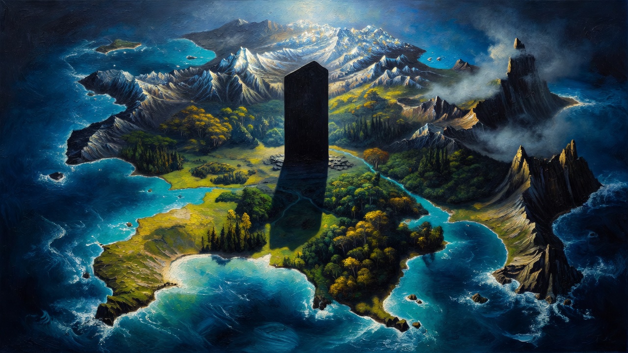 Pintura, a oléo, mapa, fantástico, continente, cercado, por mar, montanhas, ao norte, ao leste, florestas, ao centro, monólito, de pedra, preta, ao centro, 