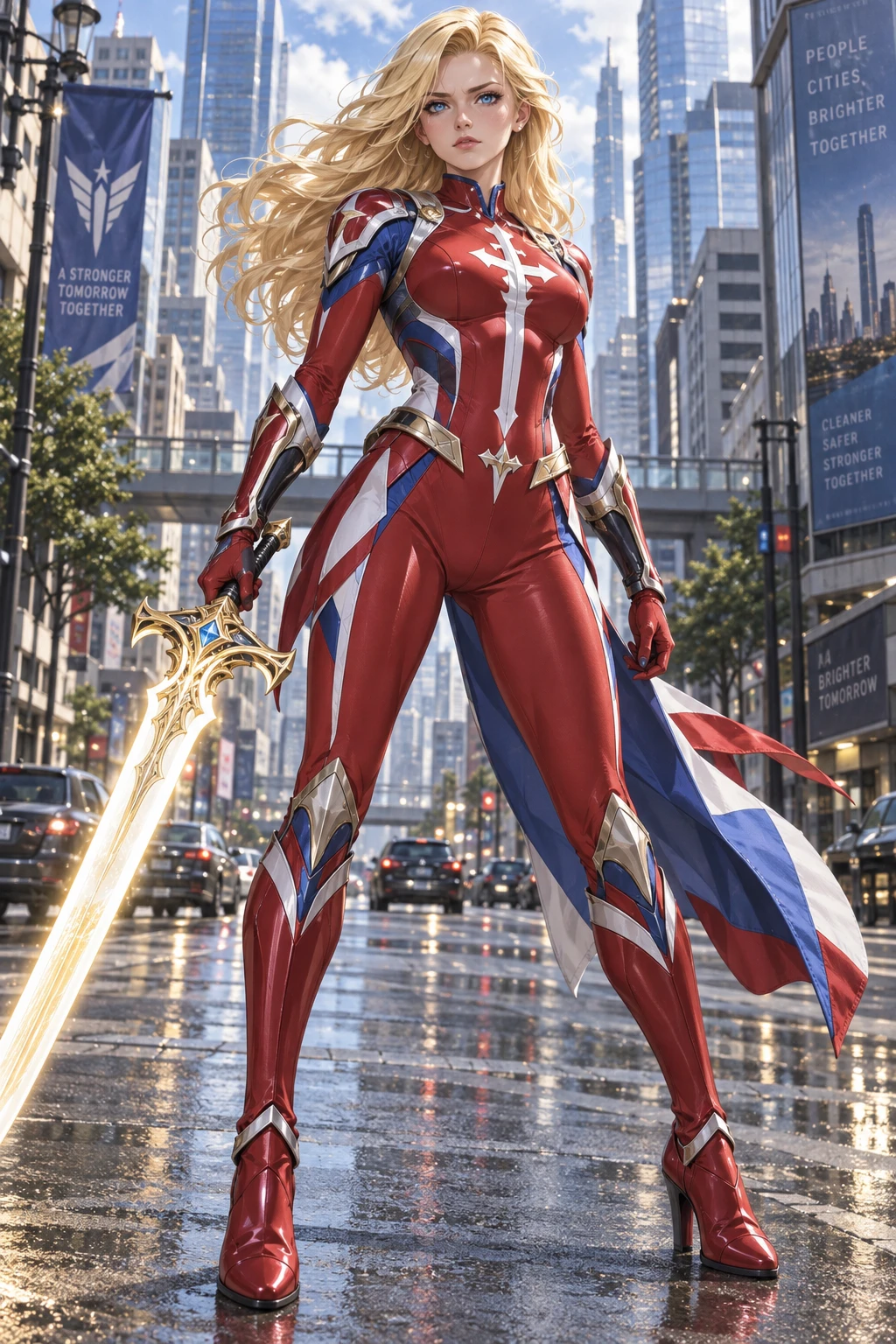 A full body striking anime style detailed image of a beautiful young blonde woman with porcelain skin, blue eyes, delicate features, and long blonde hair in heroic waves wearing a tight red superhero 