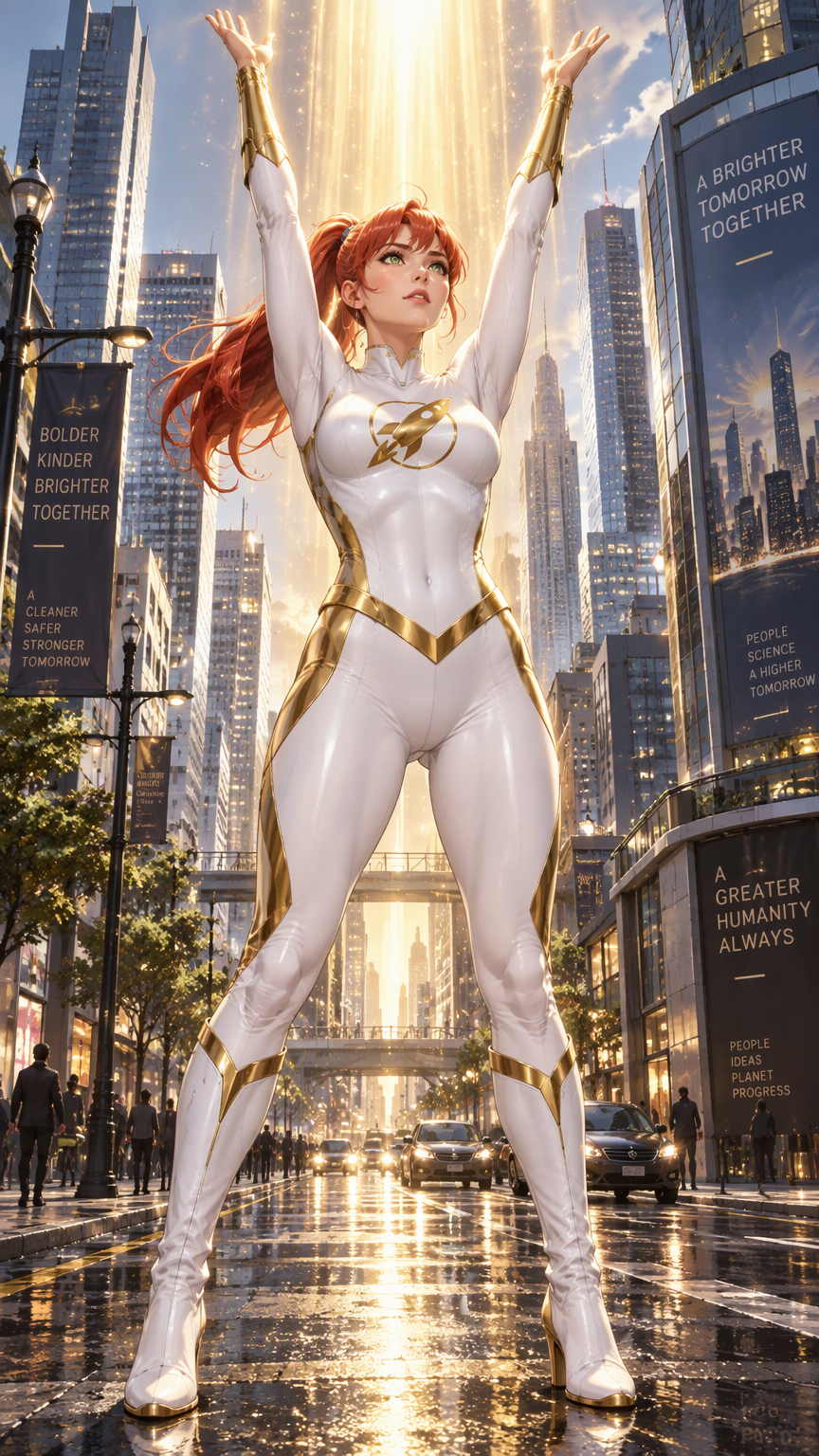 A full body striking anime style detailed image of a beautiful young redhead woman with porcelain skin, green eyes, delicate features, and fiery red hair styled in a sleek ponytail with bangs wearing 