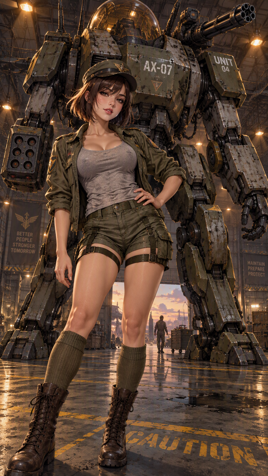High level description •A modern anime-style illustration of a young brunette pilot posing in front of her towering battle mech inside a cavernous military hangar at dusk, with detailed cel-shading on
