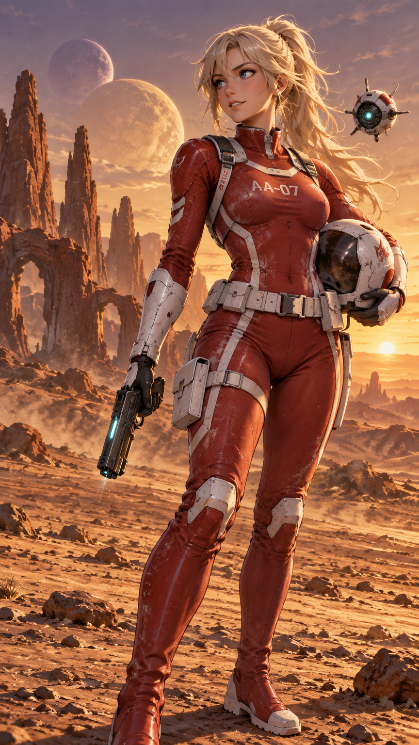 High level description •A detailed anime-style illustration of a young blonde female astronaut in a red spacesuit standing on a windswept alien plain at golden hour, holding a futuristic pistol with a