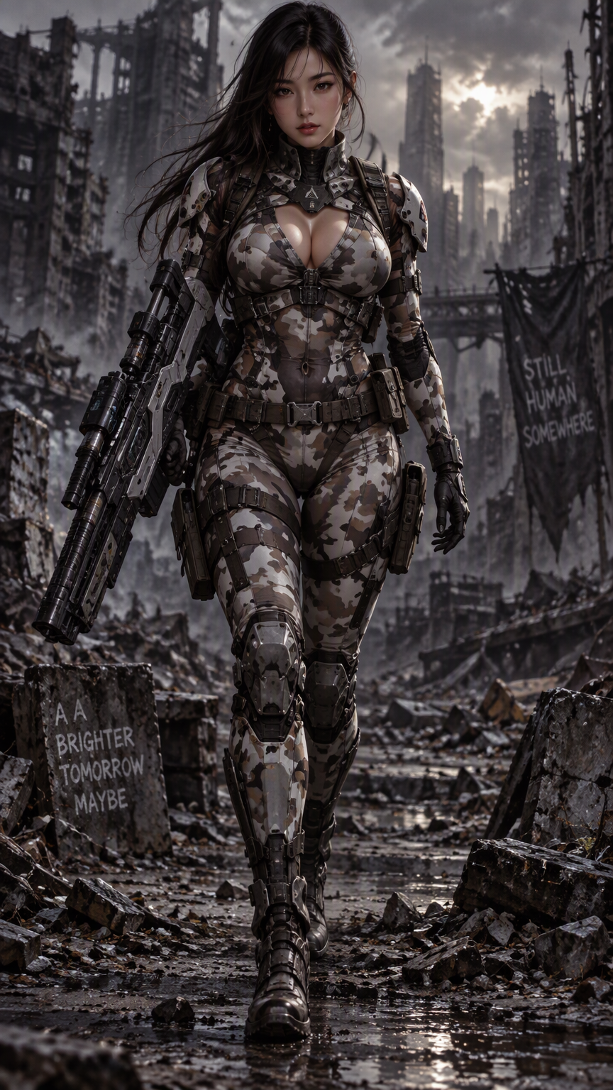 A full body striking anime style detailed illustration of a hot asian woman dressed in tight sexy futuristic military armor. The armor is tight fitting and detailed with gray, white, black and brown c