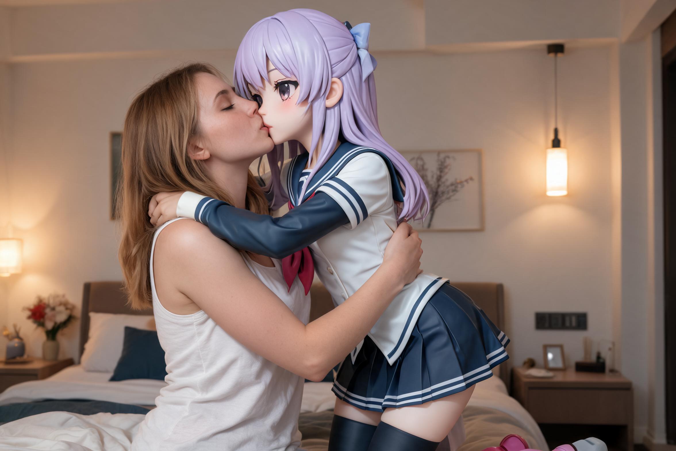Erotic lesbian scene. Scene is in the real world. A young real Caucasian woman named Amy. A cute anime woman full body statue named Umi. No penis. No phallus. They are kissing and embracing passionate