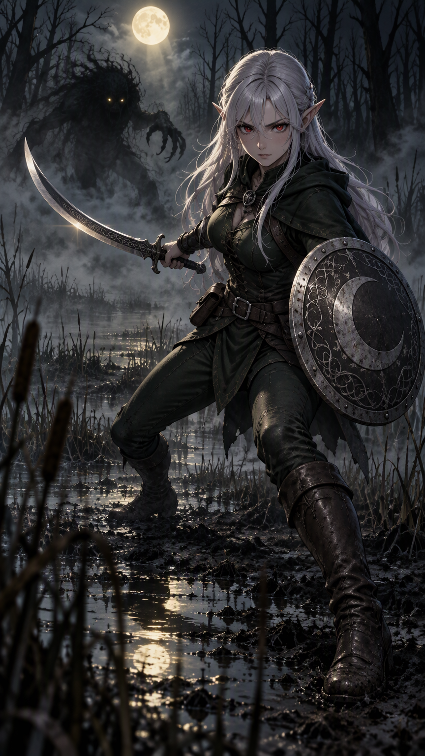 High level description

    •A modern anime-style illustration of a tall silver-haired elf adventurer in a low fighting stance on a moonlit marsh, holding a curved sword and crescent-moon shield again