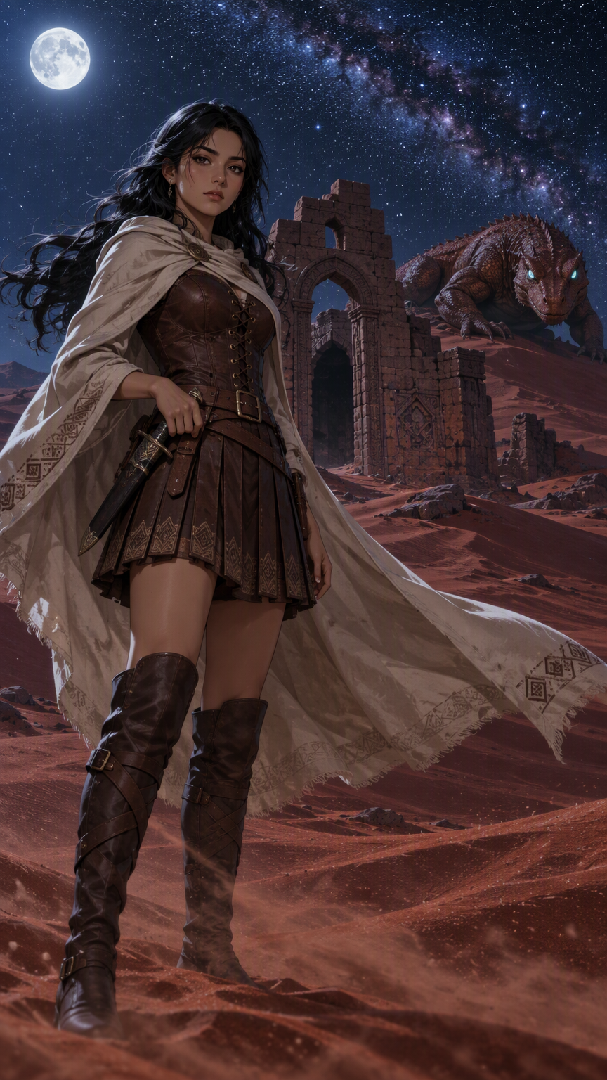 High level description

    •A modern anime-style illustration of a young Pakistani warrior woman standing in a moonlit red-sand desert at midnight, with a massive lizard-like creature crouched on a d