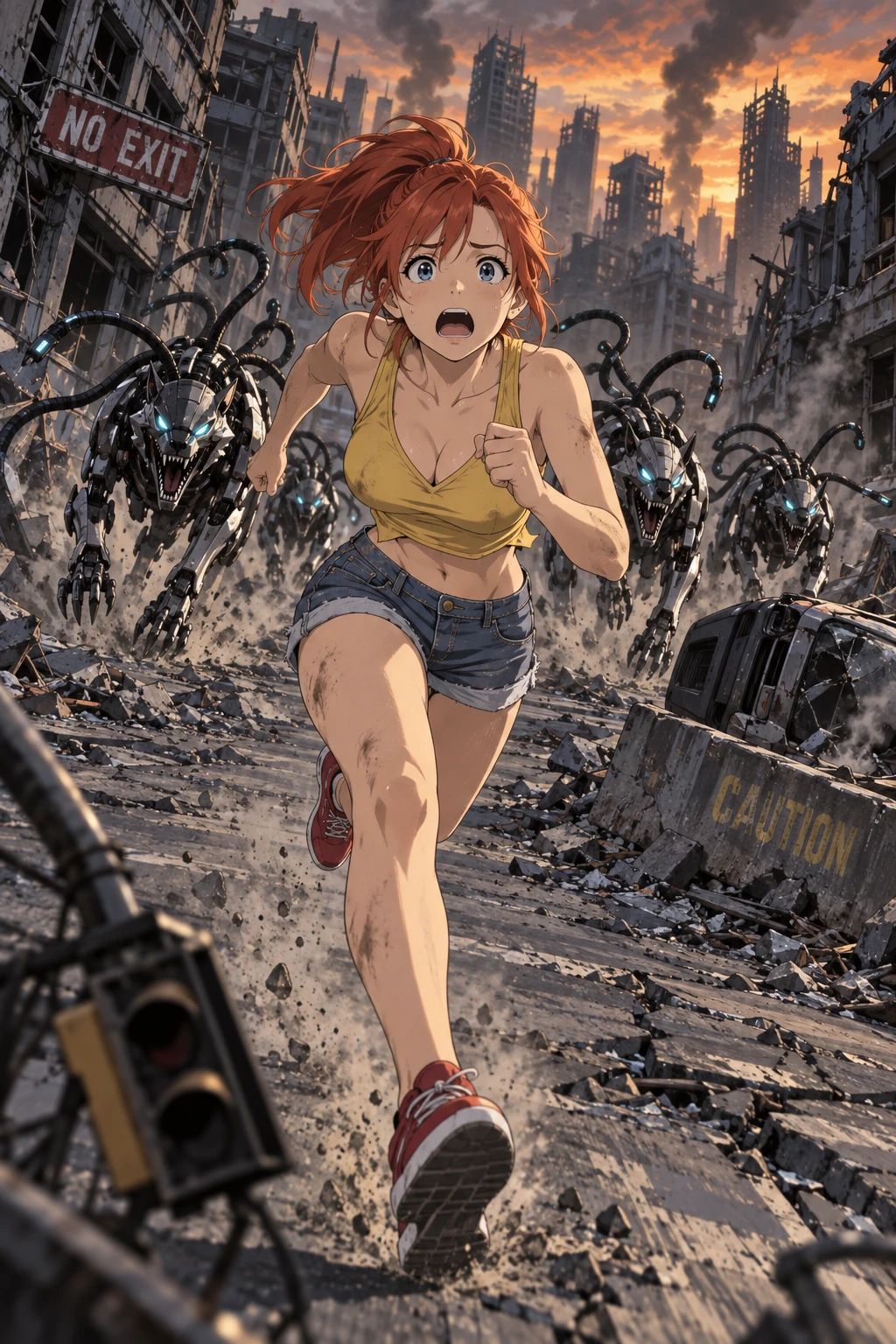 High level description

    •A cinematic anime-style illustration of a young redhead woman sprinting toward the camera down a ruined downtown street at dusk, chased by three wolf-like robots with writ