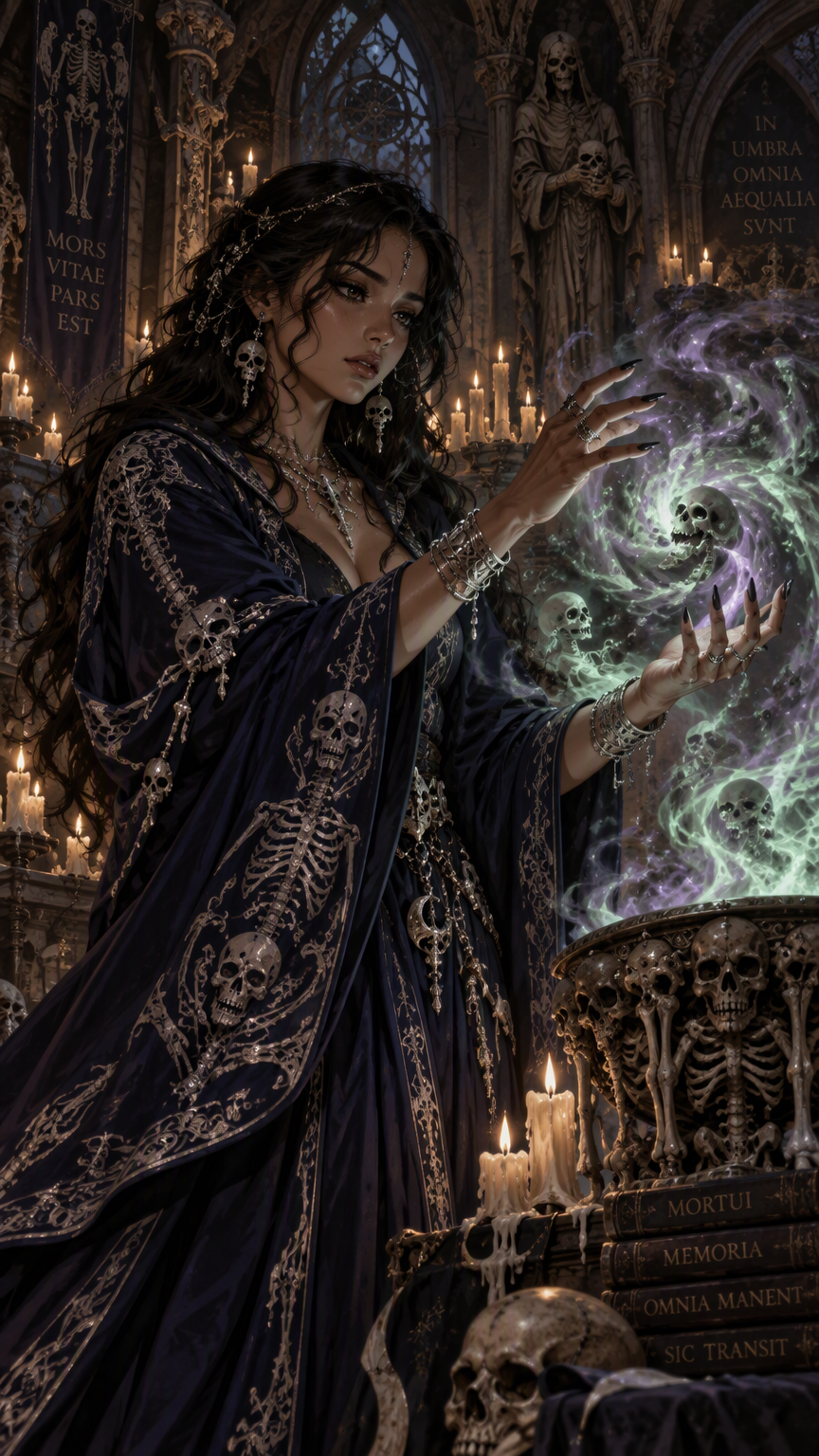 A modern anime style detailed image of a beautiful young Latina necromancer wearing ornate midnight-blue flowing robes embroidered with intricate silver skeletal motifs and bone jewelry. Her dark eyes