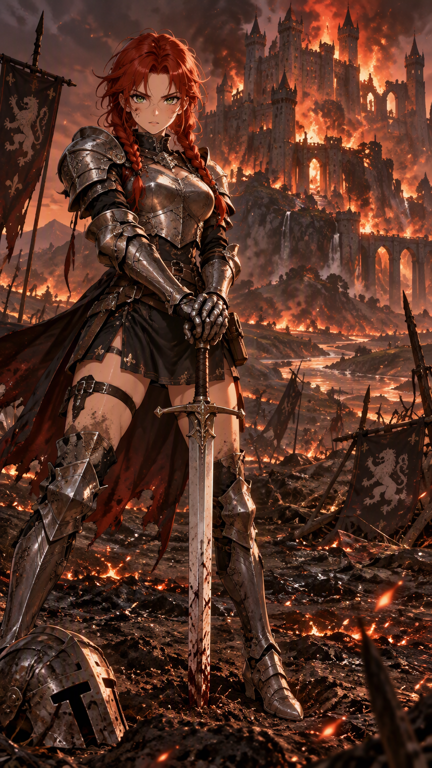 A modern anime style detailed image of a resolute young redhead warrior with fiery auburn hair braided into twin pigtails and piercing emerald eyes that lock intensely with the viewer. She stands pois