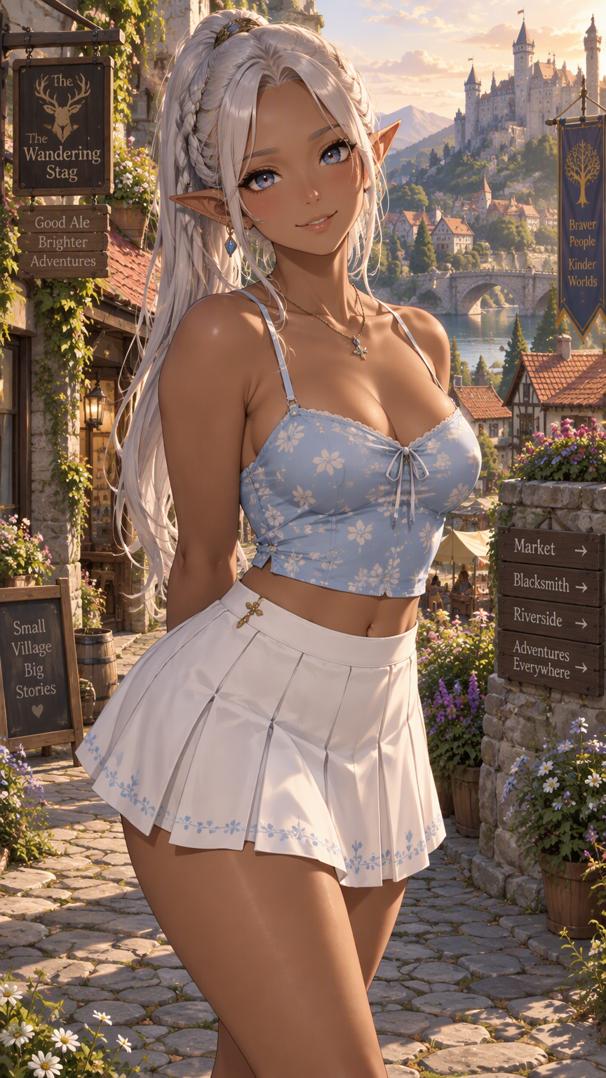 A modern anime style detailed image of a beautiful elf woman with tan skin, her long silver hair elegantly braided into a ponytail cascading down her back. She possesses large, expressive blue eyes th
