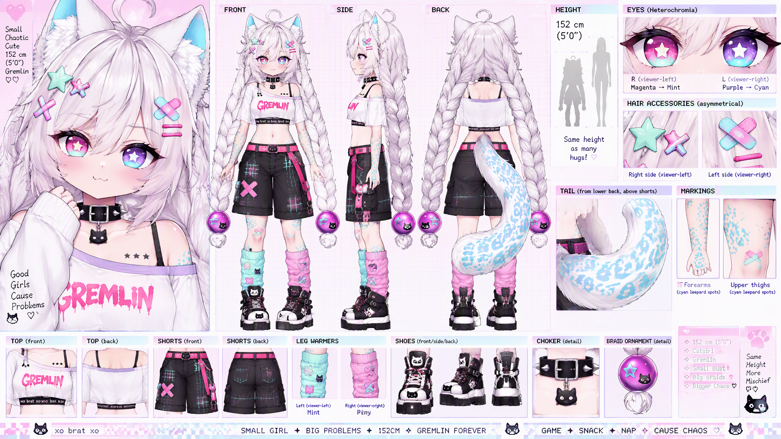 
An adult cyber-kawaii anime catgirl with pale peach skin, heavy pink blush, huge glossy gradient heterochromic eyes (right: hot magenta/pink at the top blending into mint at the bottom, left: purple 